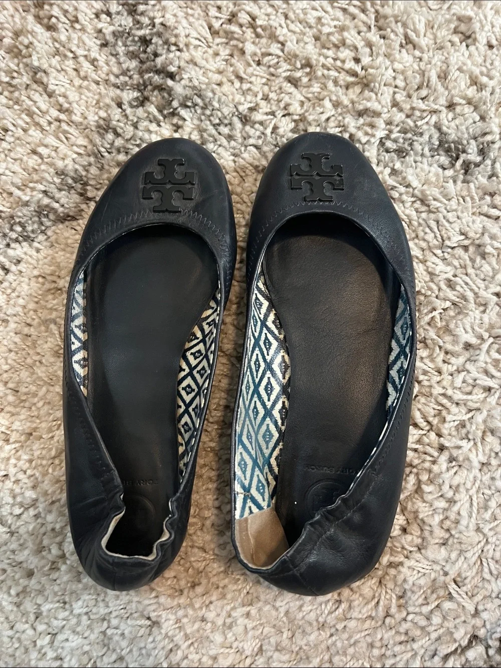 TORY BURCH Black Leather Logo Ballet Flats